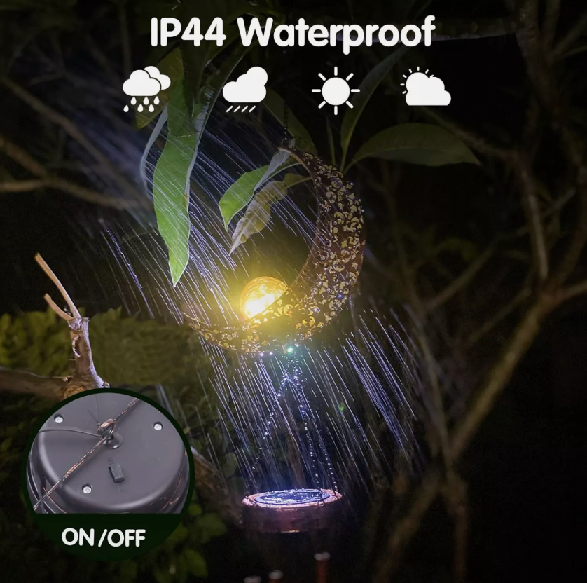 Solar LED Light Lamp Moon Wind Chimes Outdoor Home Solar Crackle Glass Ball Lamp