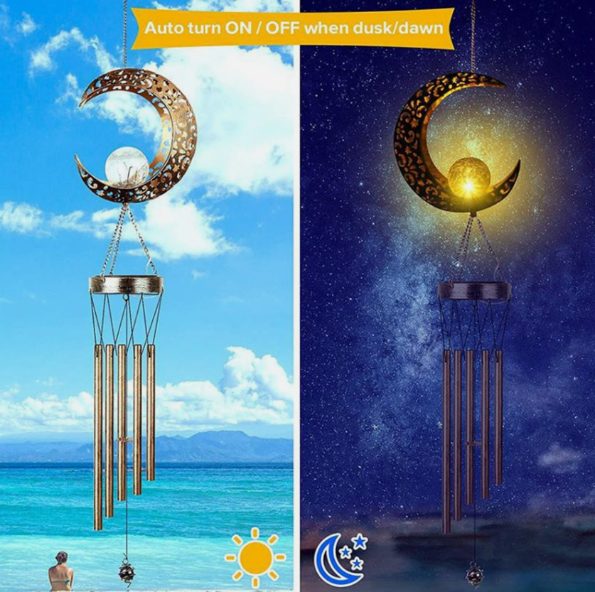 Solar LED Light Lamp Moon Wind Chimes Outdoor Home Solar Crackle Glass Ball Lamp