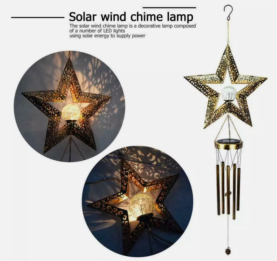 Ferrisland Solar Wind Chimes for Outside Clearance, Star Windchimes Outdoors for Porch Patio with Crackle Glass Ball LED Light, Waterproof Metal Outdoor Hanging Decor for Women Wife Mom Grandma