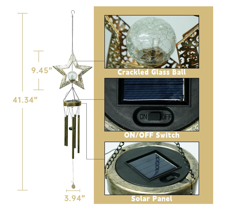 Ferrisland Solar Wind Chimes for Outside Clearance, Star Windchimes Outdoors for Porch Patio with Crackle Glass Ball LED Light, Waterproof Metal Outdoor Hanging Decor for Women Wife Mom Grandma