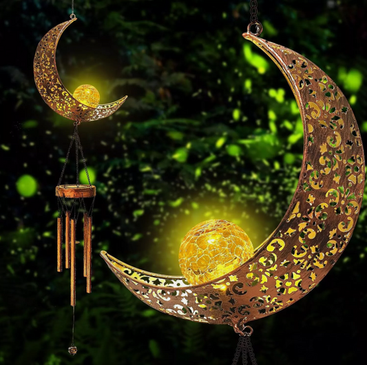 Solar LED Light Lamp Moon Wind Chimes Outdoor Home Solar Crackle Glass Ball Lamp