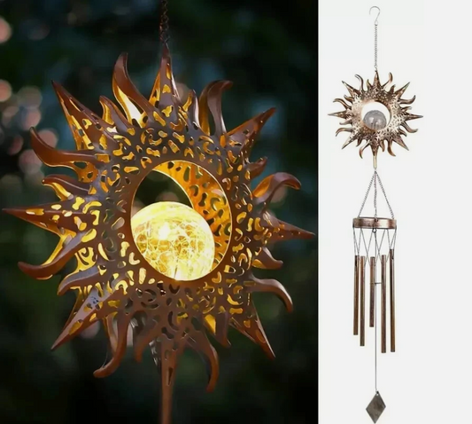 Solar Wind Chimes | Outdoor Sun Windchimes with Crackle Glass Ball Warm LED Light, Metal for Yard Patio Lawn Garden Hanging Decor | Gardening Gift for Women Mom