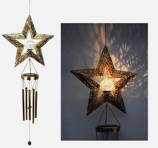 Ferrisland Solar Wind Chimes for Outside Clearance, Star Windchimes Outdoors for Porch Patio with Crackle Glass Ball LED Light, Waterproof Metal Outdoor Hanging Decor for Women Wife Mom Grandma